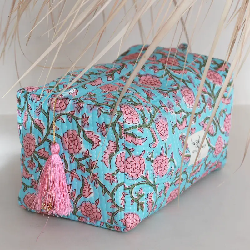 Blockprint toilettas bloem blauw