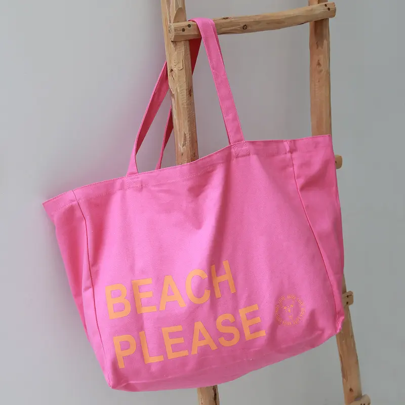 Canvas strandtas beach please roze/oranje