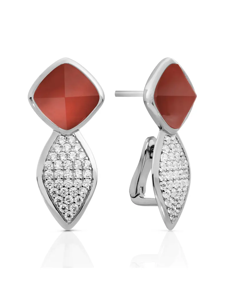 Earrings - Edge Crystal Silver - Double pin - Red Agate