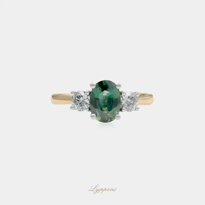 Geelgouden ring met groene saffier en diamant