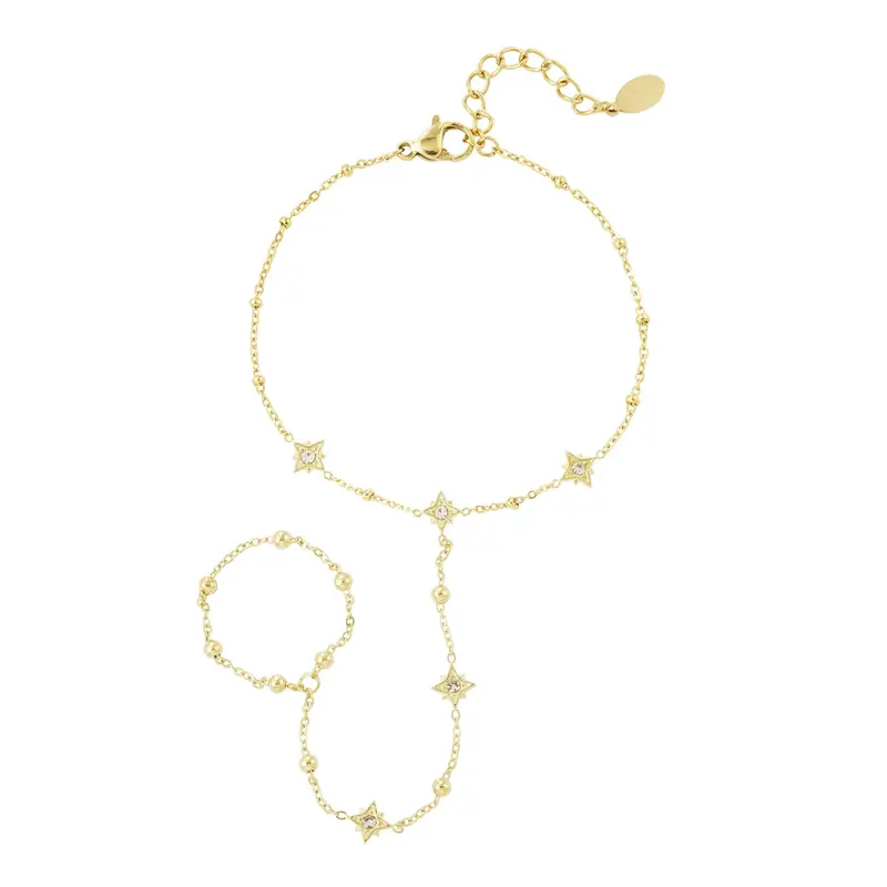 Gouden hand chain armband met ring star glitters