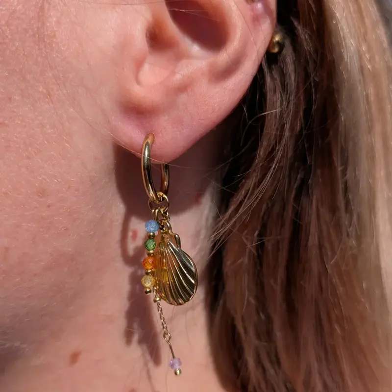 Gouden oorringetjes met schelp multicolor kraaltjes