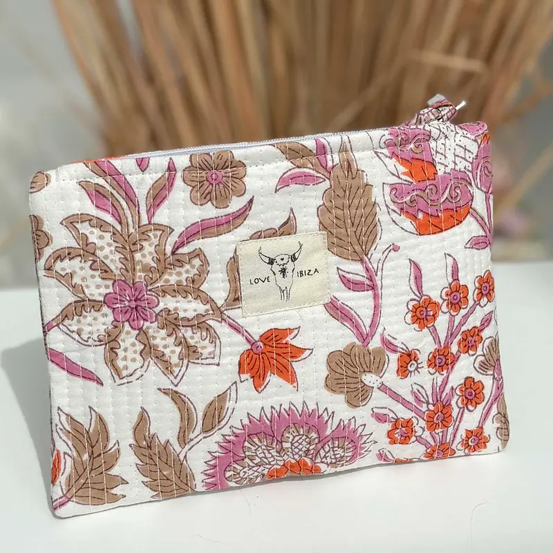 Make up tasje bloem beige oranje