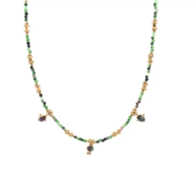 Necklace 3 drup green goldplated
