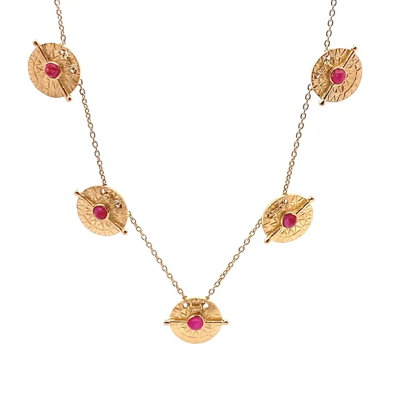 Necklace disc 5 dot fuchsia goldplated
