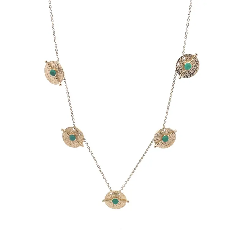 Necklace disc 5 dot green goldplated