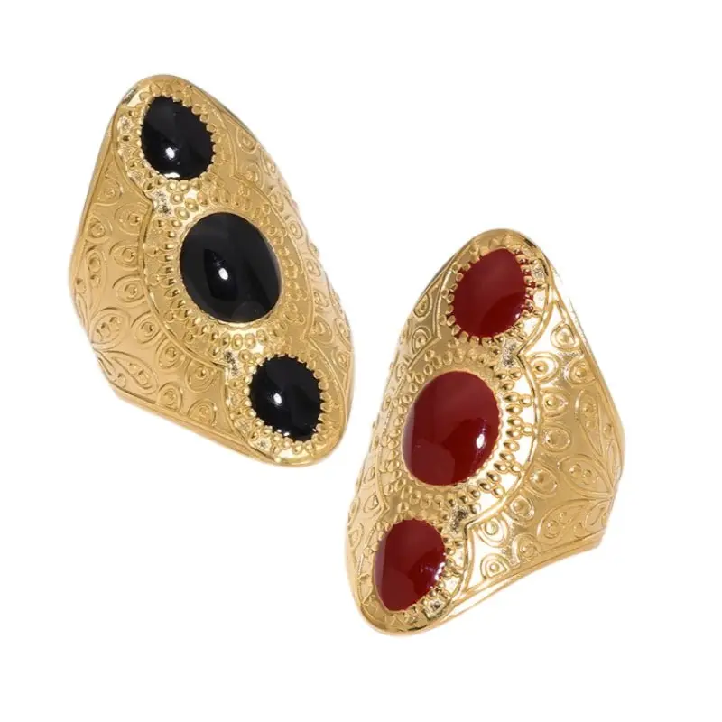 Statement Ring RVS met Drie Ovale Emaille Vullingen (45 mm Lang)