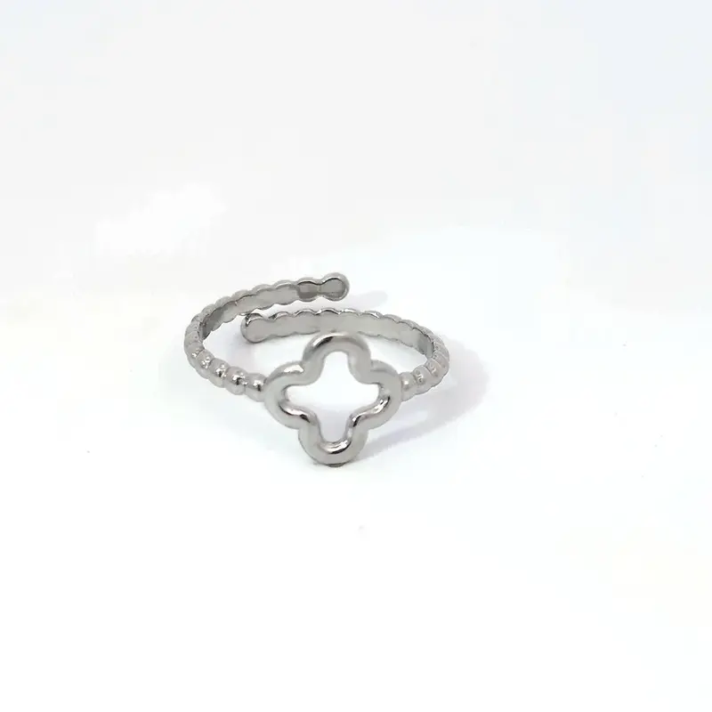 Verstelbare ring zilver met open clover