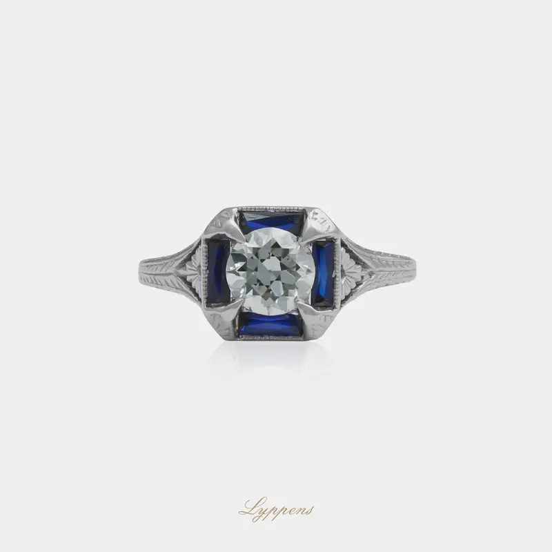 Witgouden Art Deco ring met saffier en diamant